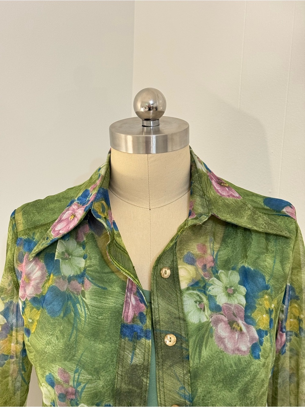 Vintage Green Floral Tie-Waist Button-Up Blouse Pointy Collar - Picture 4 of 10